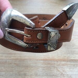 Brown Leather Western-Style Belt with Silver-Tone Hardware